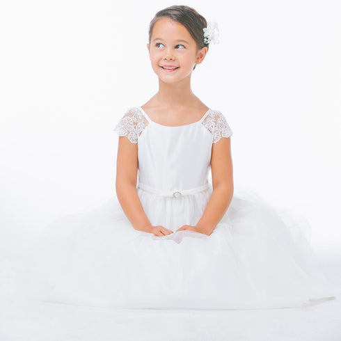 Sweet Kids Little Girls Off White Lace Sleeve Satin Flower Girl Dress 2T-6 - SophiasStyle.com